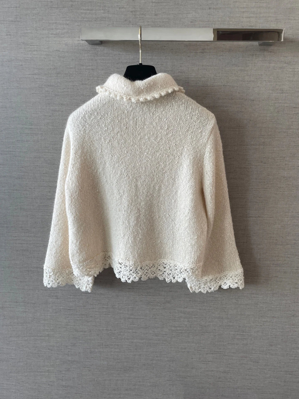 Women's Cropped Knit Cardigan With Lace Trim And Patch Pockets