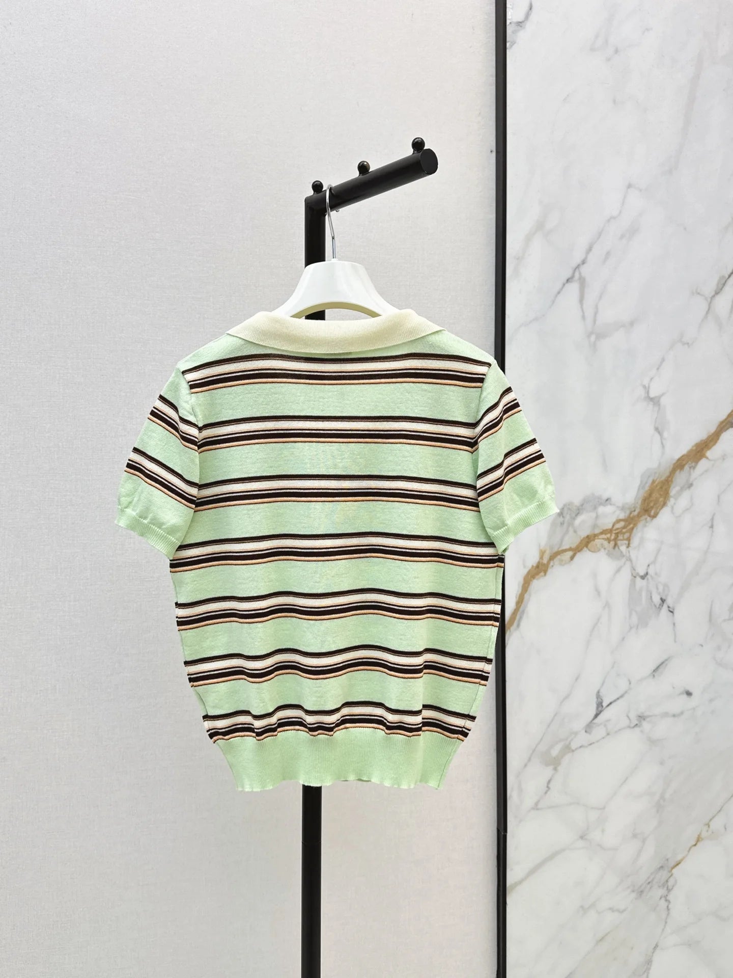 Women's High Quality Knitted Striped Collar Embroidered Cotton Top