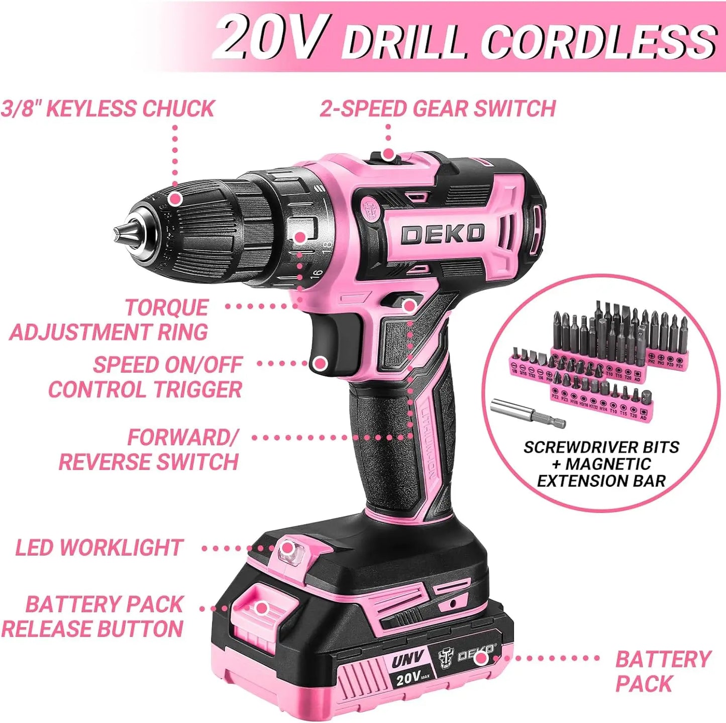 DEKODIY 20V Cordless Power Drill Kit With Battery Pack