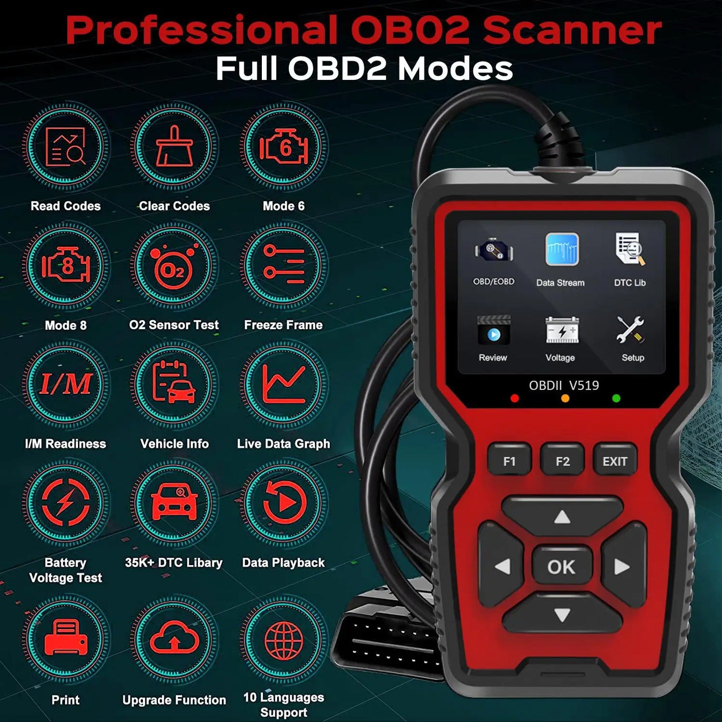 Hign-Concerned OBD2 Scanner Live Data OBDII Tool V519