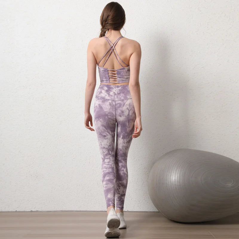 Women's High-Waist Seamless Yoga Set Leggings With Tie-Dye Bra