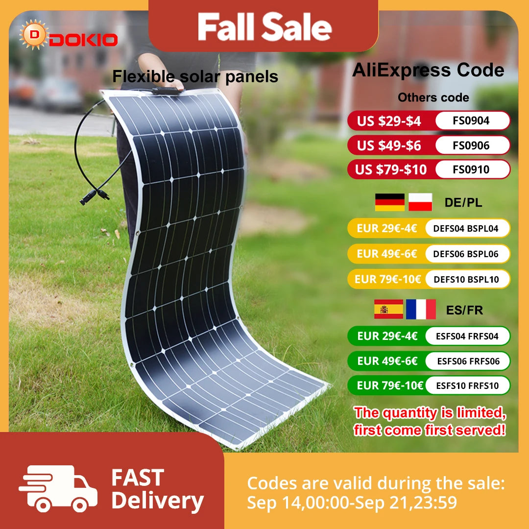 DOKIO Flexible Monocrystalline 100W Solar Panel For 12V