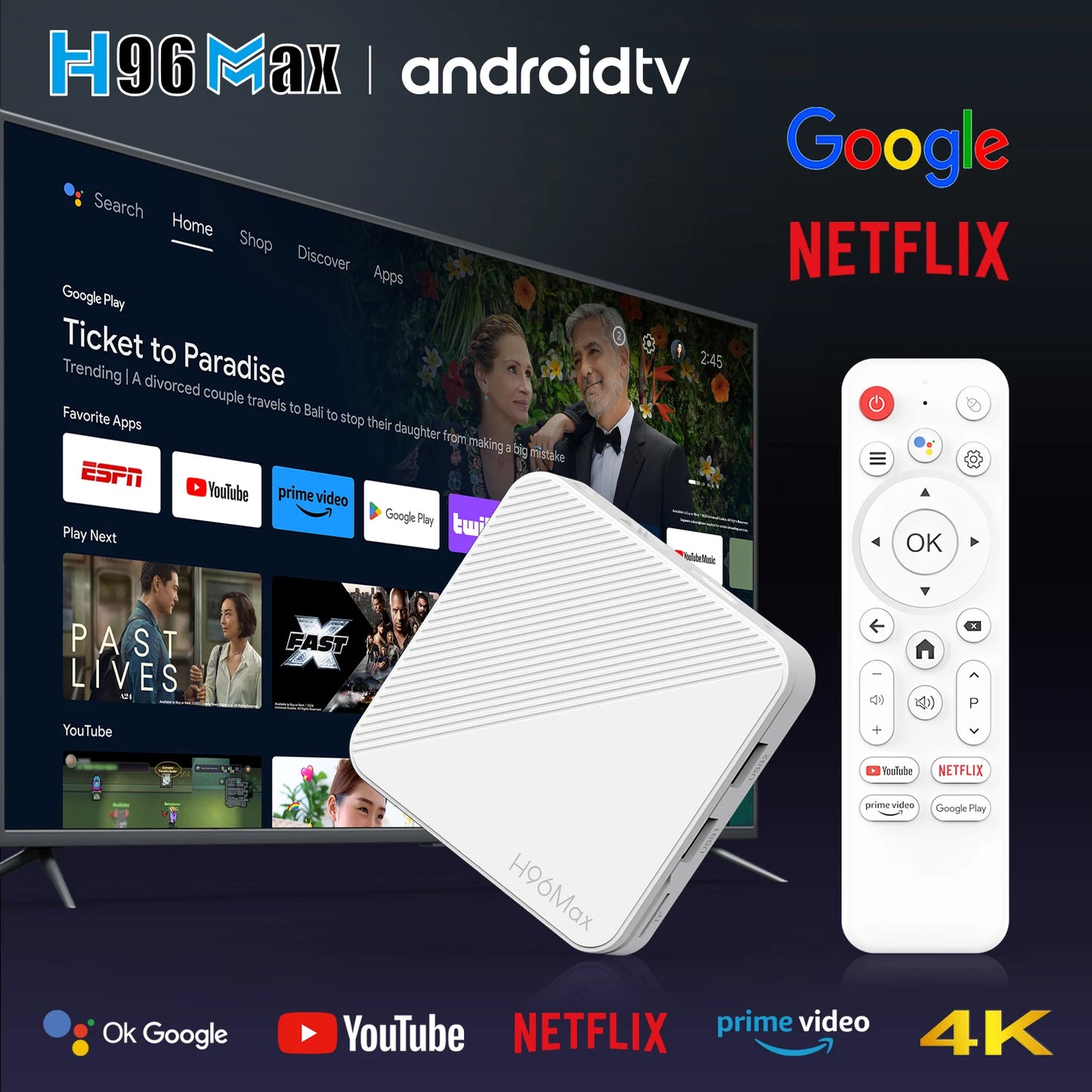 H96 H313 AndroidTVBox QuadCore4KWiFi6 Google Voice Enabled