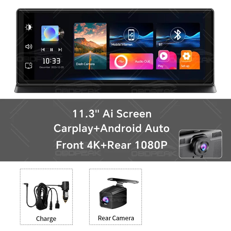 OBDPEAK Dual Lens 4K Car Dash Cam CarPlay Android Auto