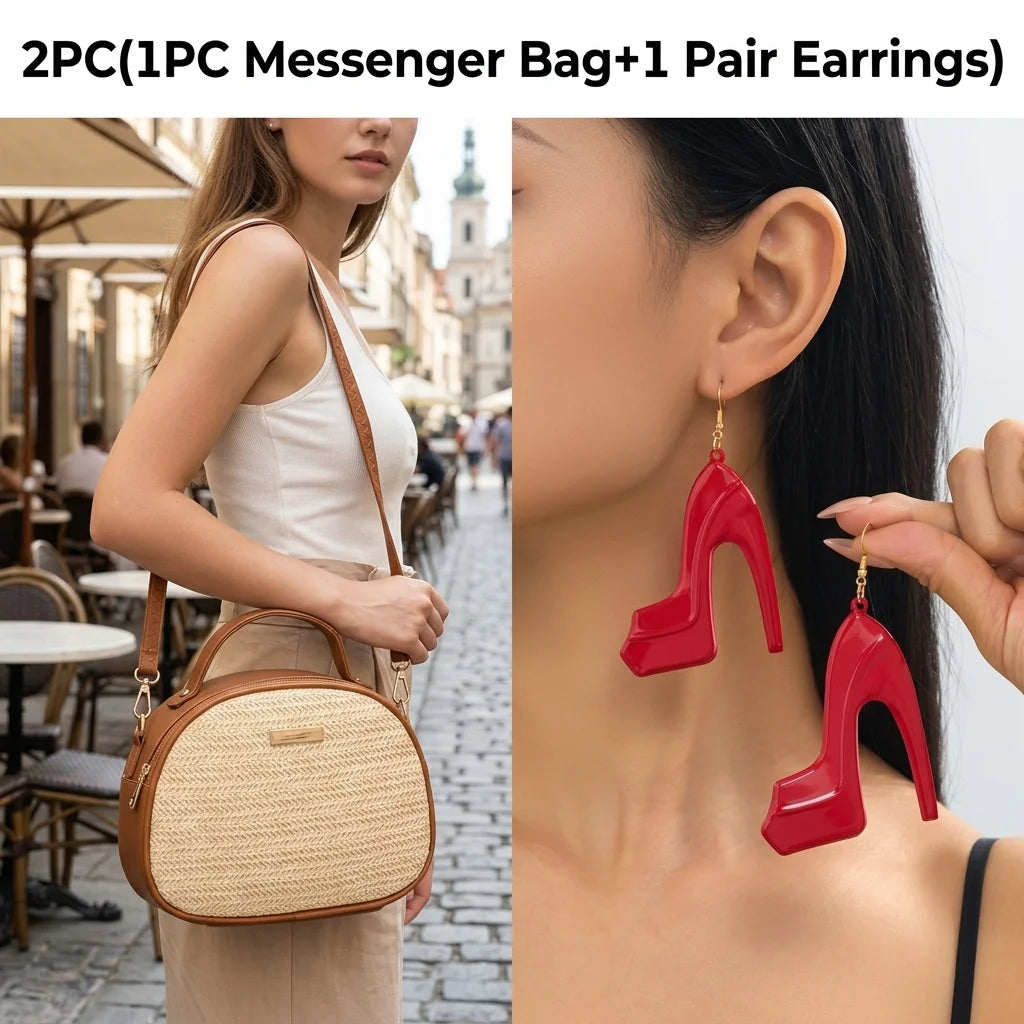 Women's Circular Woven Straw Crossbody Bag and Drop Earrings Set