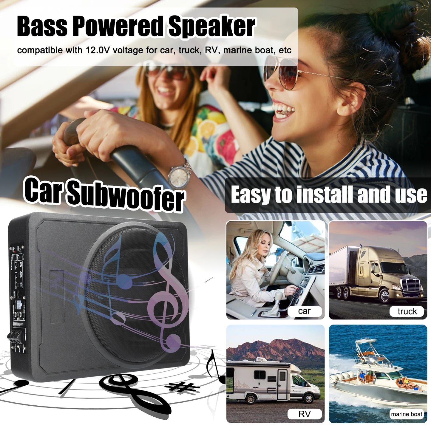 Qiilu 800W Underseat Amplified Car Subwoofer Bass Box