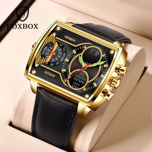 LIGE Digital Mens Square Military Waterproof Watch Leather