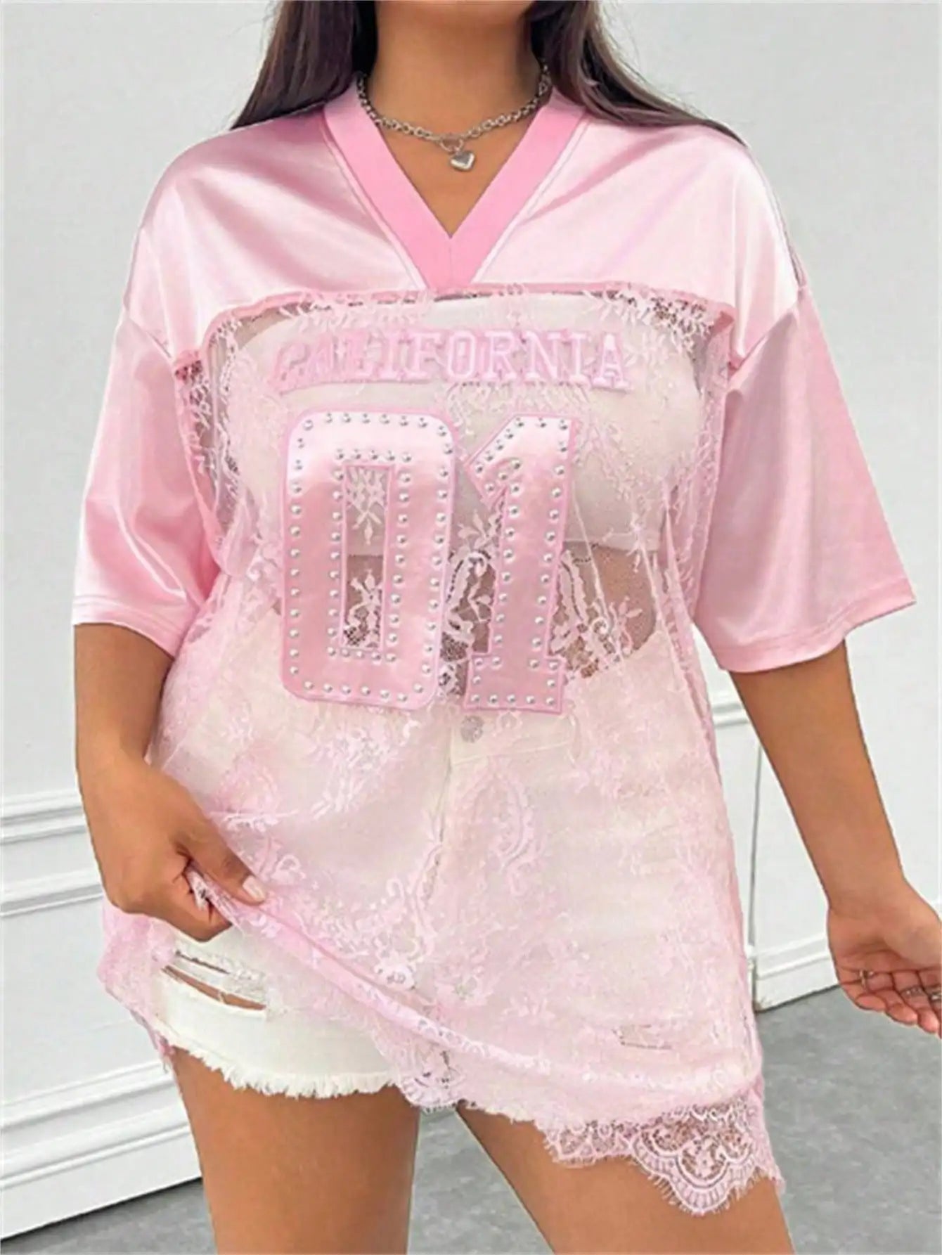 Summer Women See Through Lace Jersey Tops V Neck Rhinestone