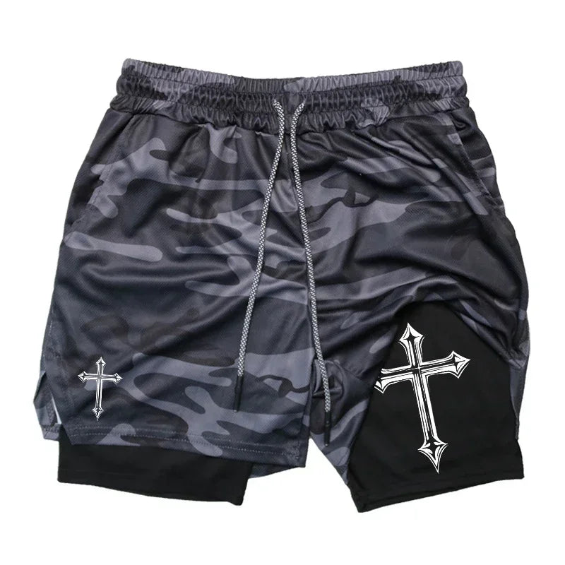 Cross Printed 2in1 Training Shorts With Compression Lining