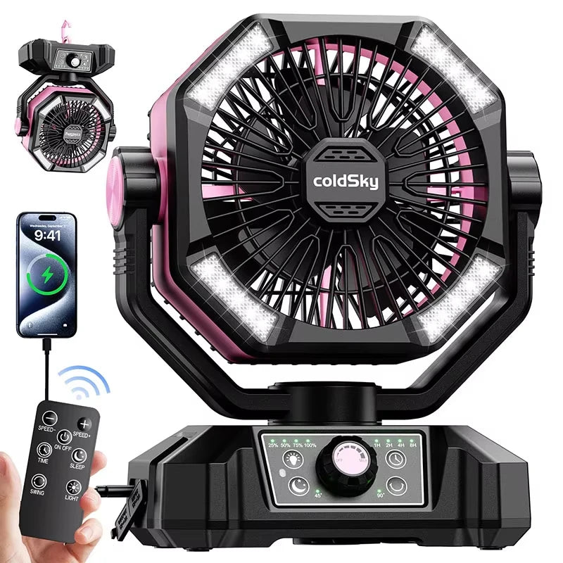 ColdSky Camping Fan With 4 LED Lantern 8 Speeds Portable