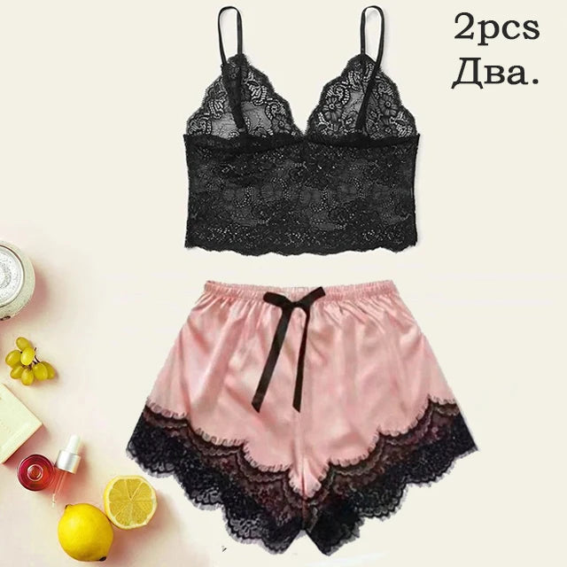Women Satin Sleepwear Pajama Set With Lace Bath Robe