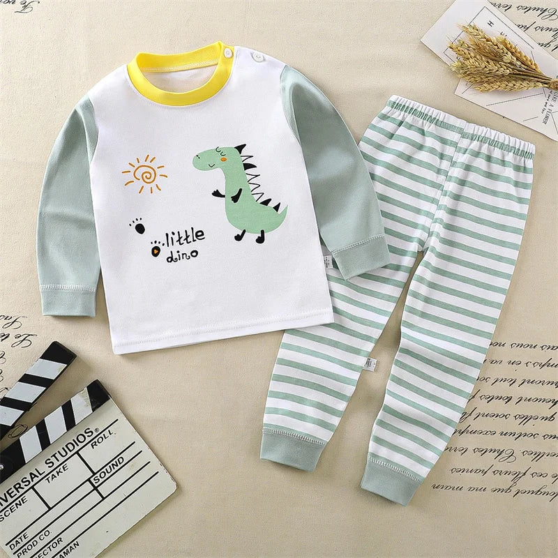 Cartoon Print Cotton Pajama Set For Kids Unisex Sleepwear
