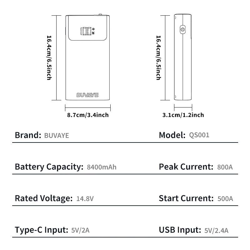 BUVAYE 3 In 1 Car Jump Starter Power Bank LED Light
