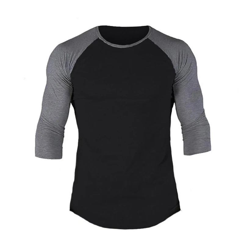 Running Sports Three Quarter Sleeve Shirt Mens Fitness Training Cotton Breathable Clothing Gym Bodybuilding Solid Color T-shirt