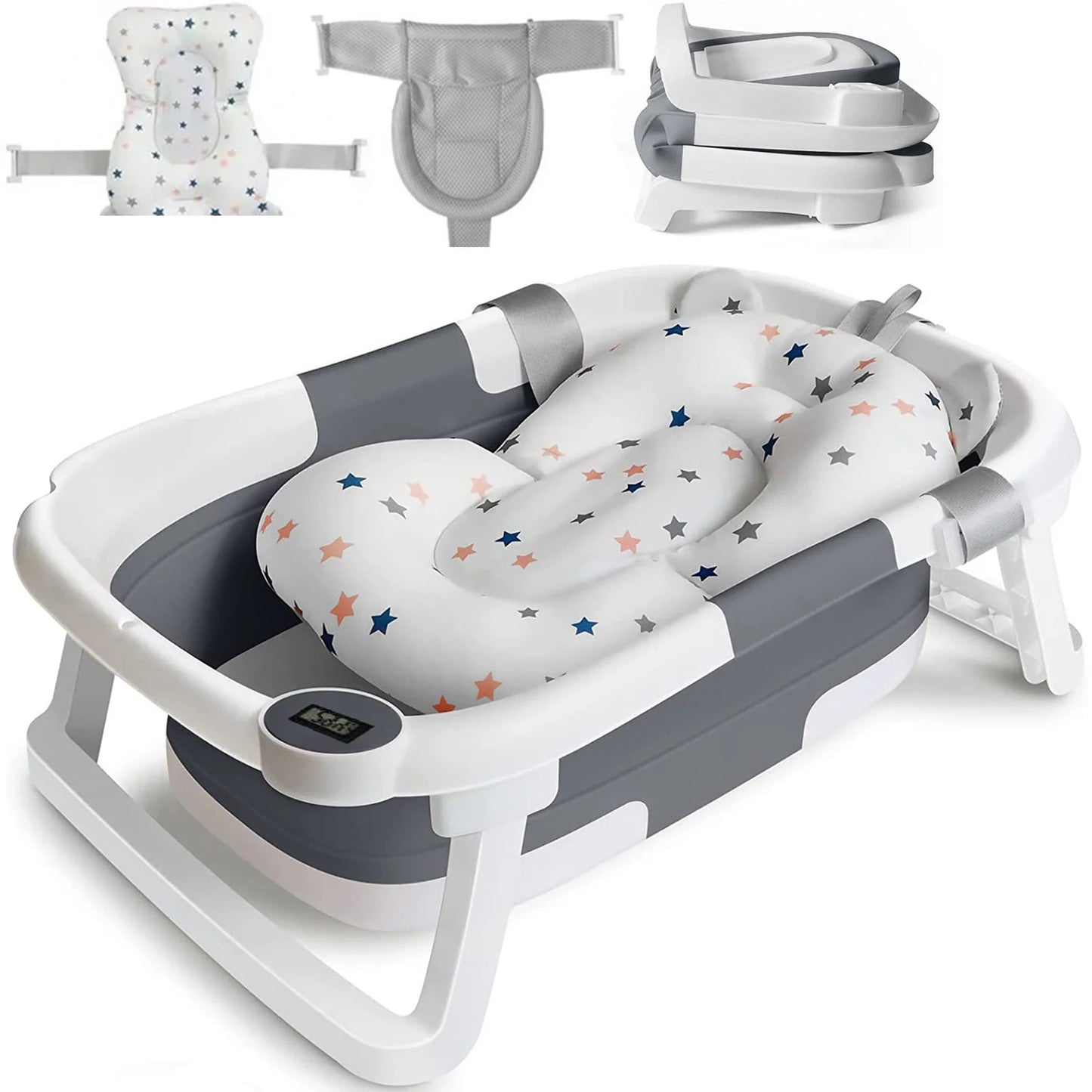 Foldable Baby Bath Tub With Cushion And Thermometer Non Slip
