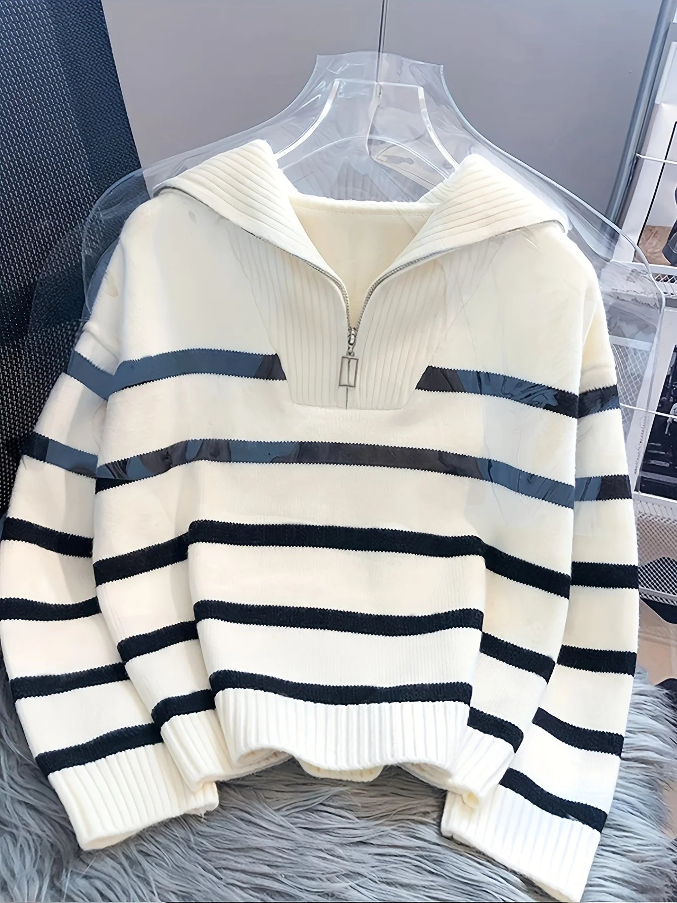 Autumn Winter Women Thick Zipper Striped Knit Pullover Top