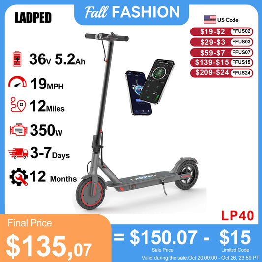 LADPED LP40 Electric Scooter 350W 19mph APP Smart Control 4 Speed Modes Foldable Electric Scooter 16miles Max Range for Adult