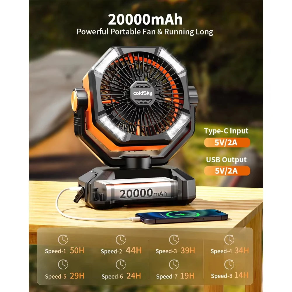 ColdSky Camping Fan With 4 LED Lantern 8 Speeds Portable
