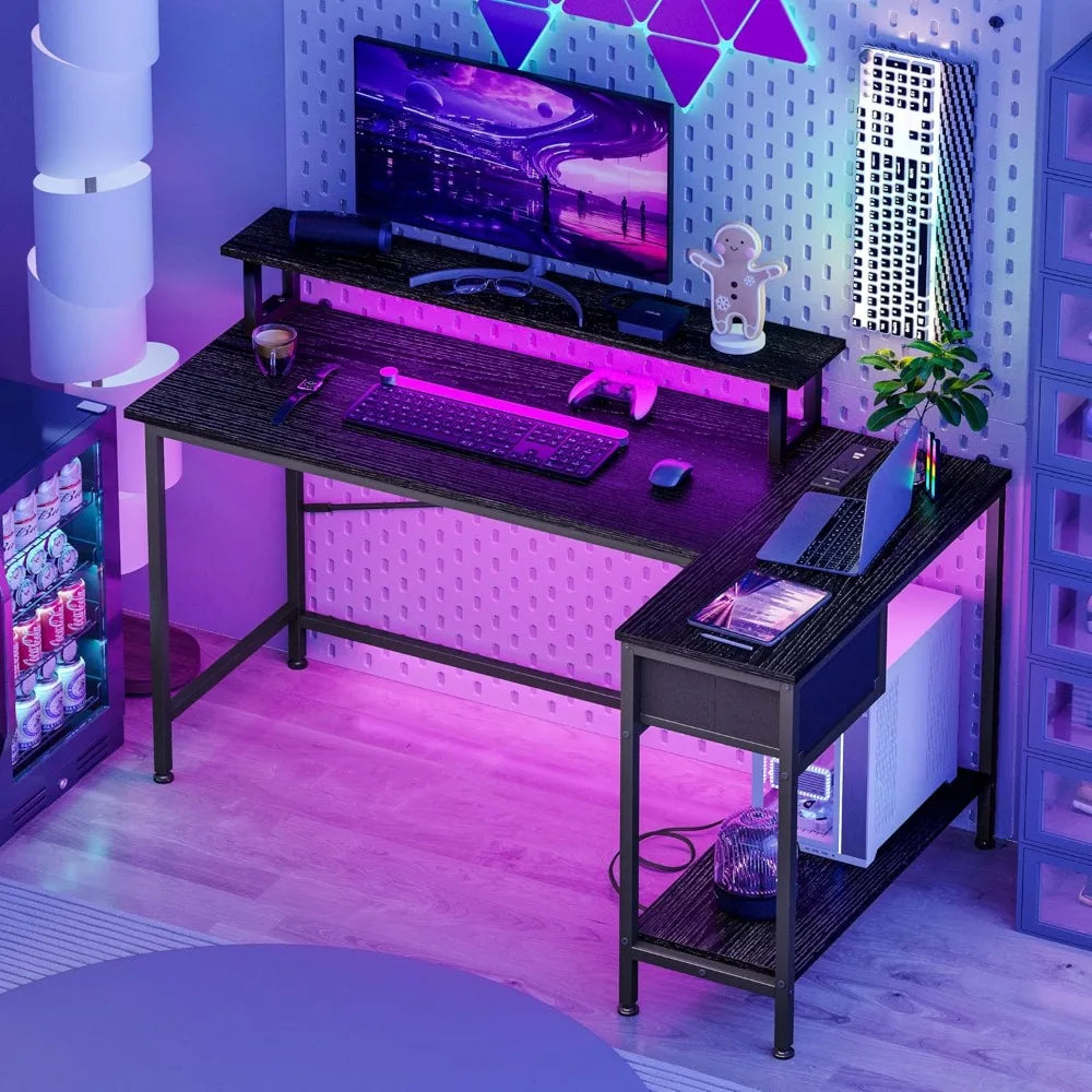 Fixwal L Shaped Gaming Desk With Power Outlets LED Lights