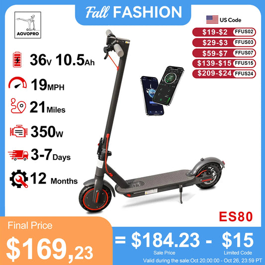 AOVOPRO ES80 350W Electric Scooter 10.5Ah 19mph Max Speed Smart APP Control 21miles Max Range Foldable E-Scooter for Adult