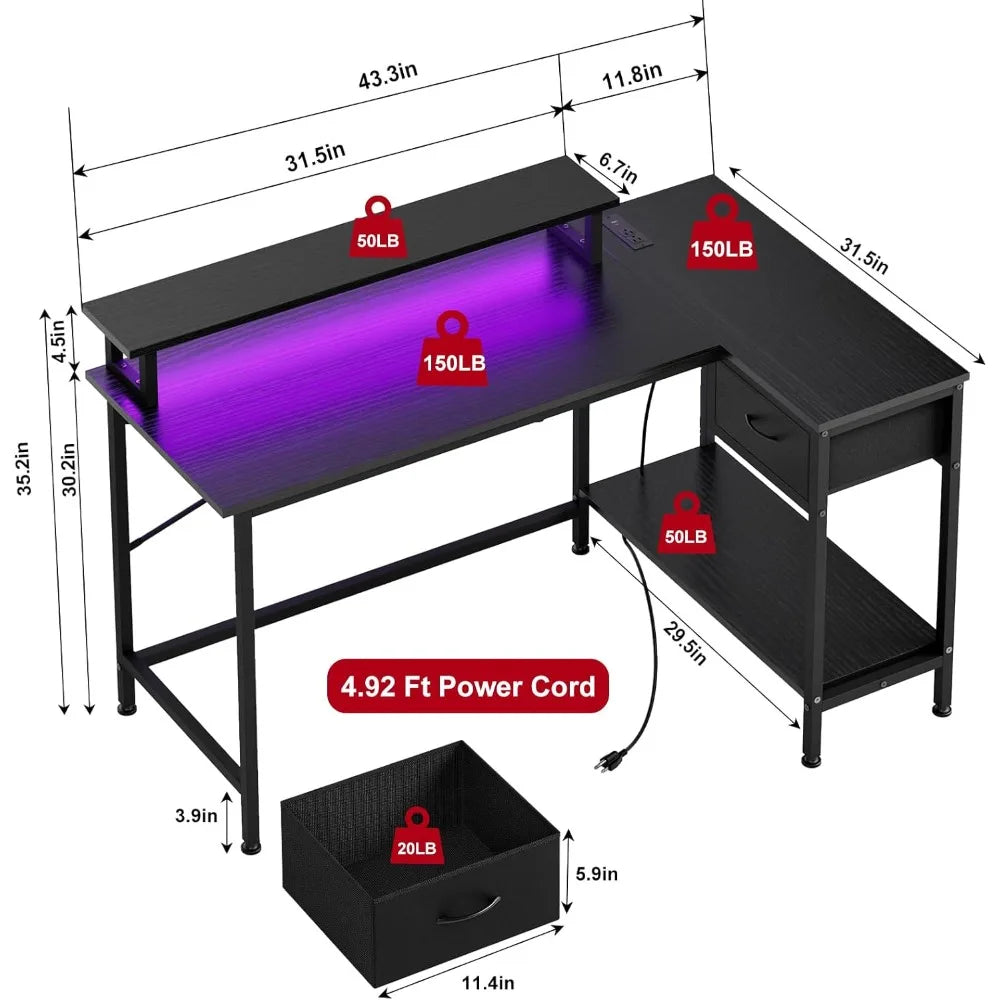 Fixwal L Shaped Gaming Desk With Power Outlets LED Lights