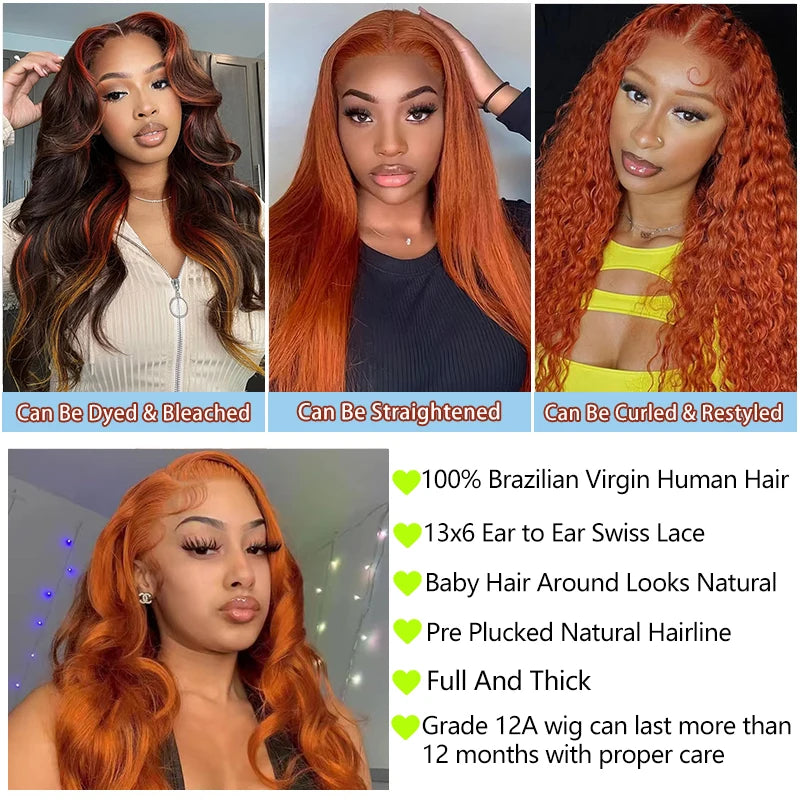 Gealurt Ginger Orange Lace Front Wig Human Hair 200 Density
