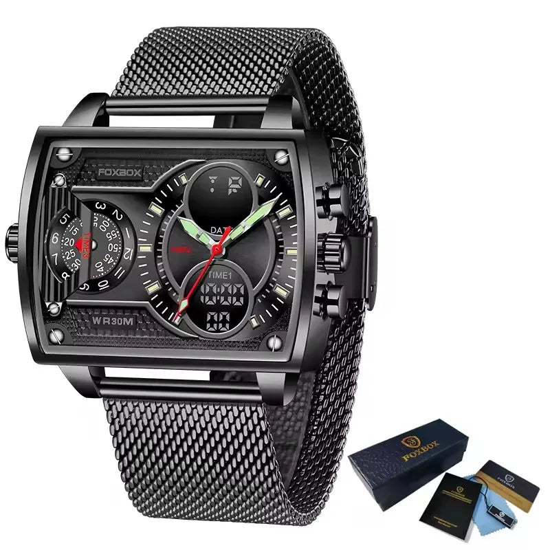 LIGE Digital Mens Square Military Waterproof Watch Leather