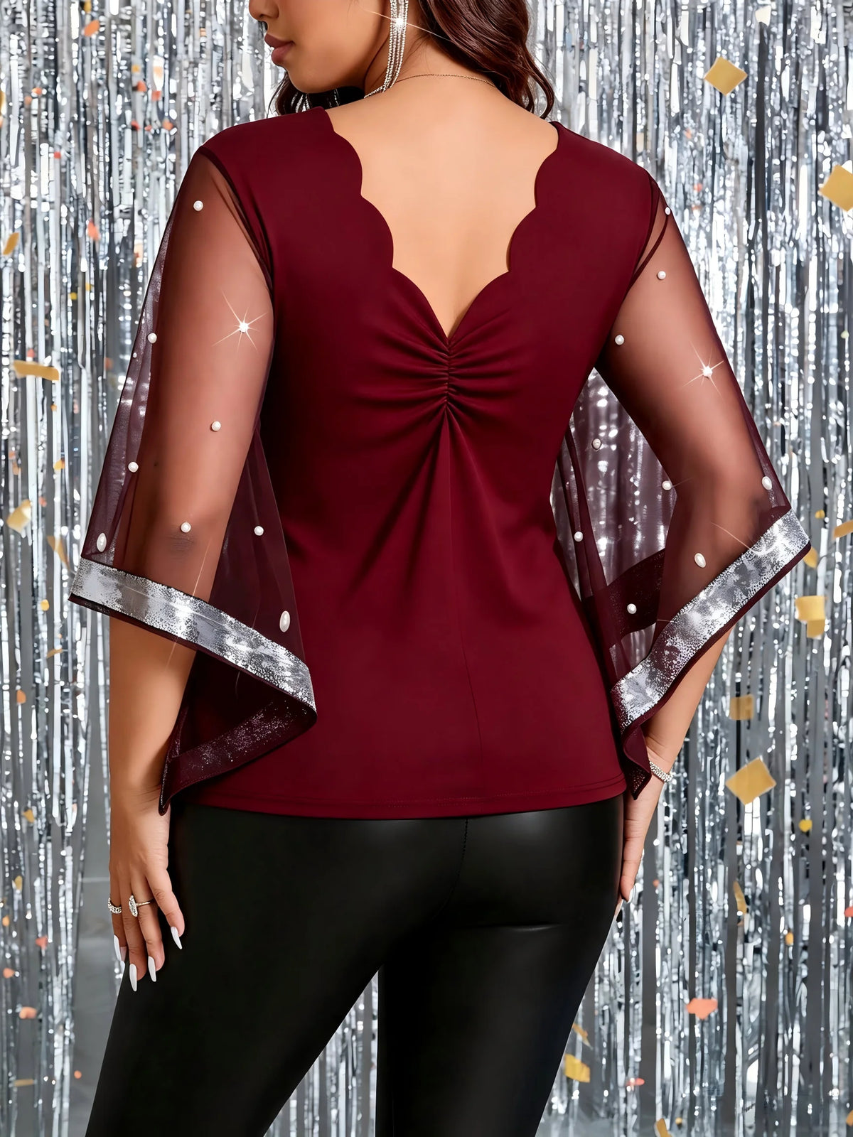 Plus Size Women Party Blouse Scallop V‑Neck Mesh Bell Sleeve Pearl Beaded Glitter Trim Burgundy Evening Clubwear Top