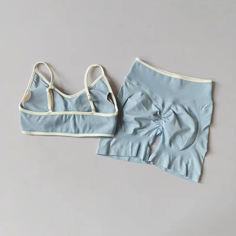 Color Blocked Bra, Seamless Tight Fitting Peach Hip Lifting Sports Shorts, Running And Fitness Pants, Women's Yoga Set