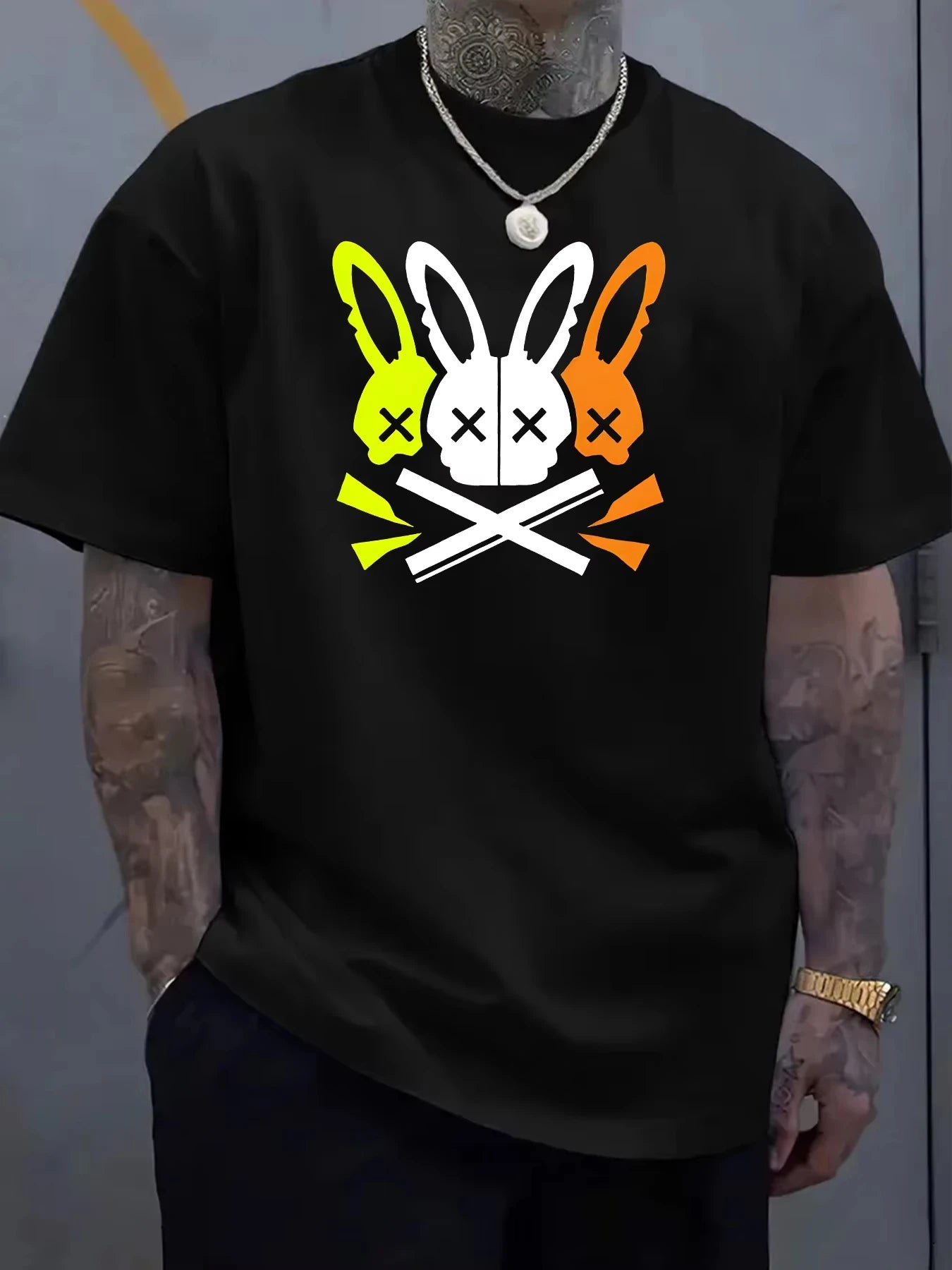 Men's Casual Round Neck T Shirt With Rabbit Skull Pattern