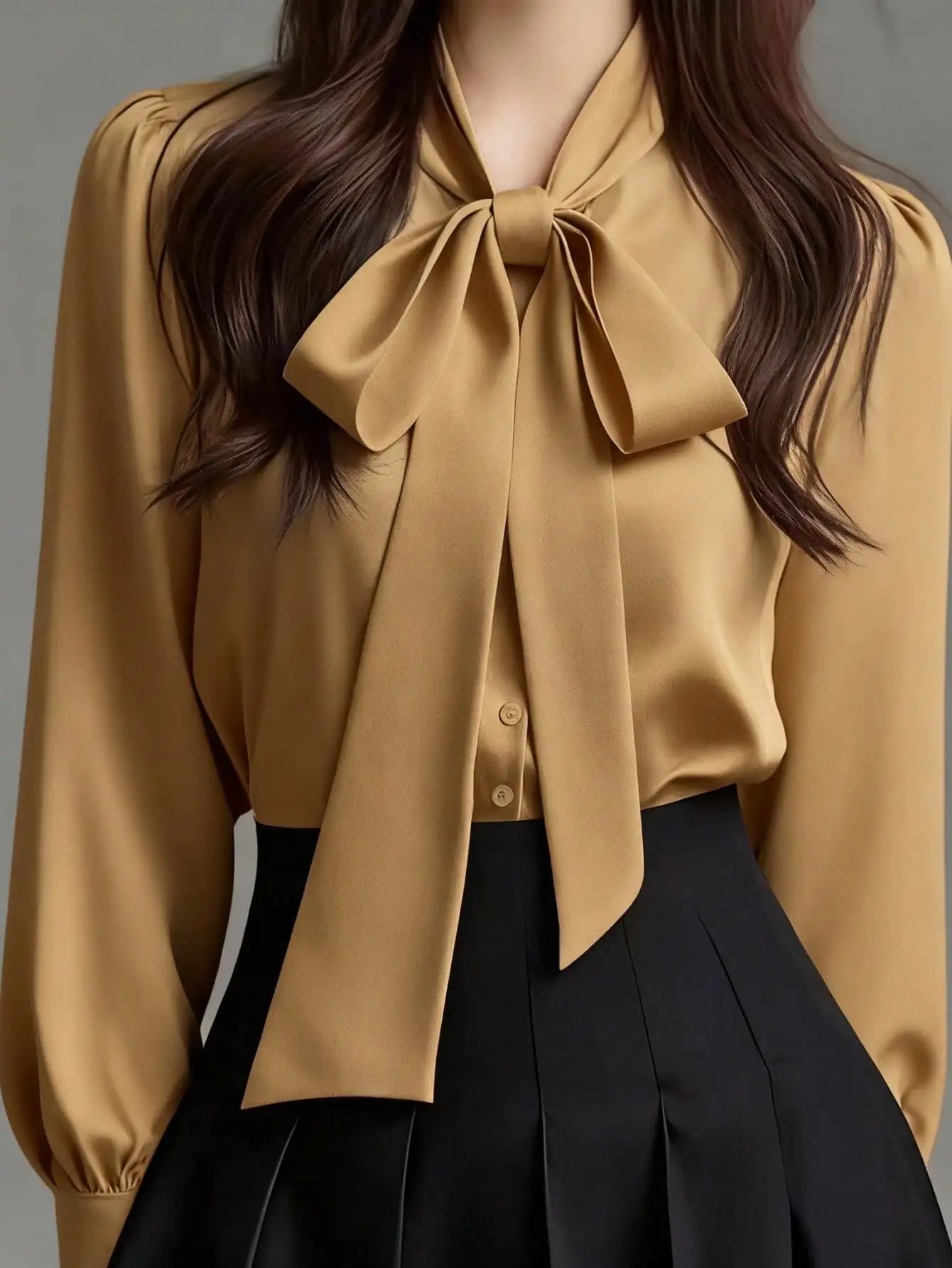Satin Bow Collar Long Sleeve Blouse For Office Casual