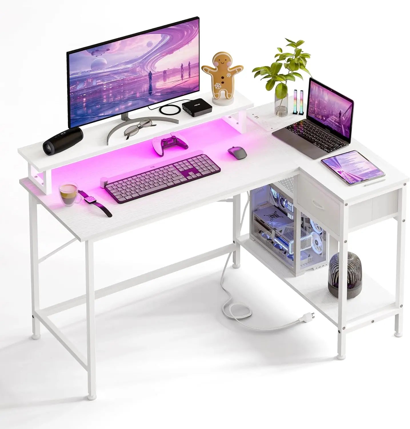 Fixwal L Shaped Gaming Desk With Power Outlets LED Lights