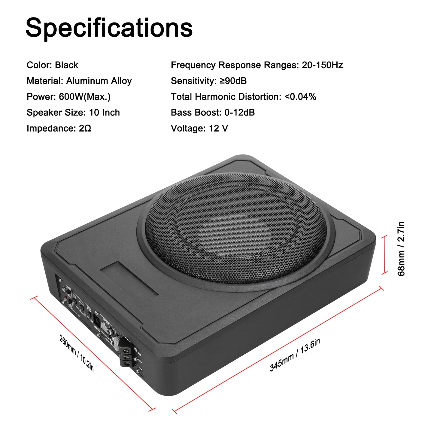 Qiilu 800W Underseat Amplified Car Subwoofer Bass Box