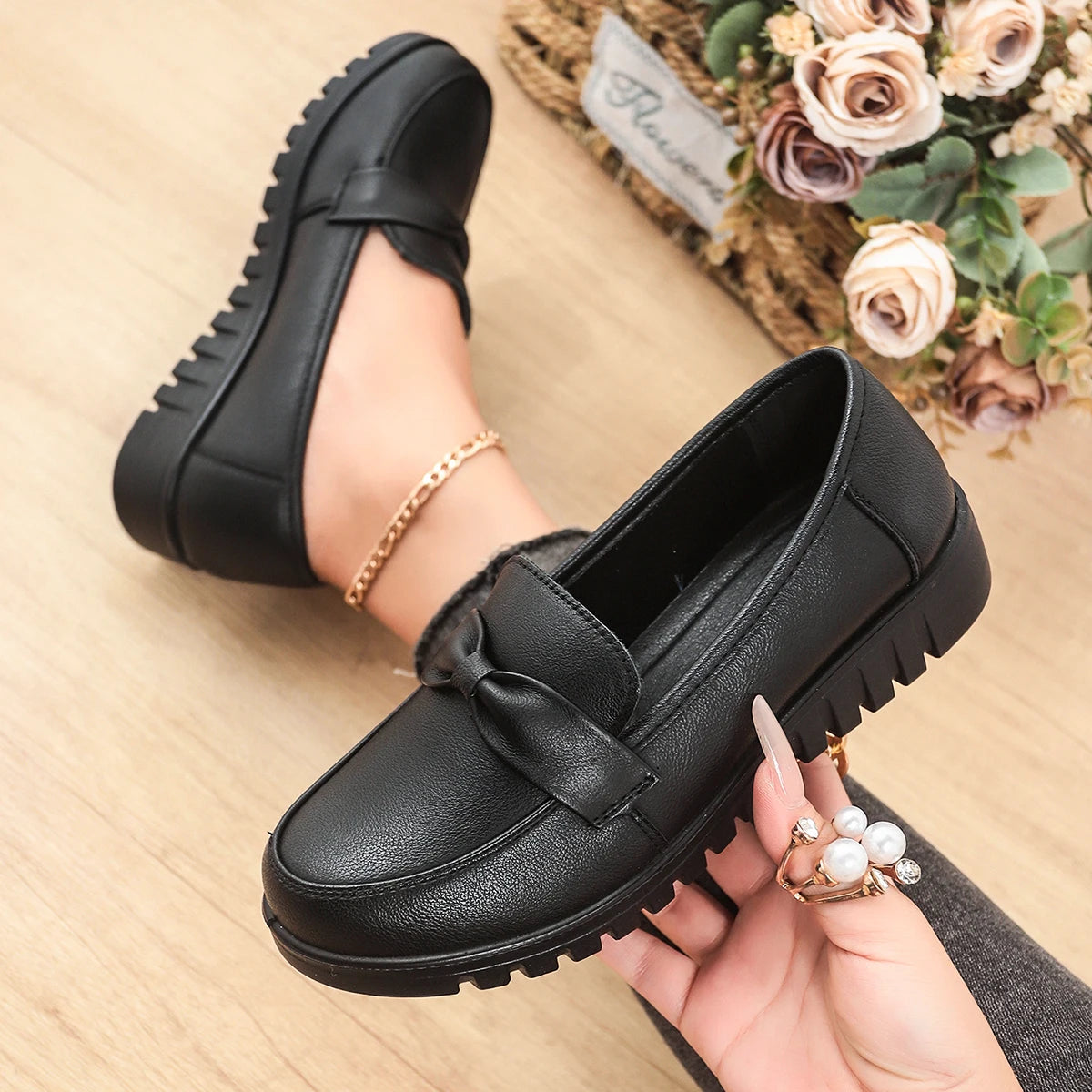 NONE Womens Bow Leather Flat Shoes Slip On Non Slip