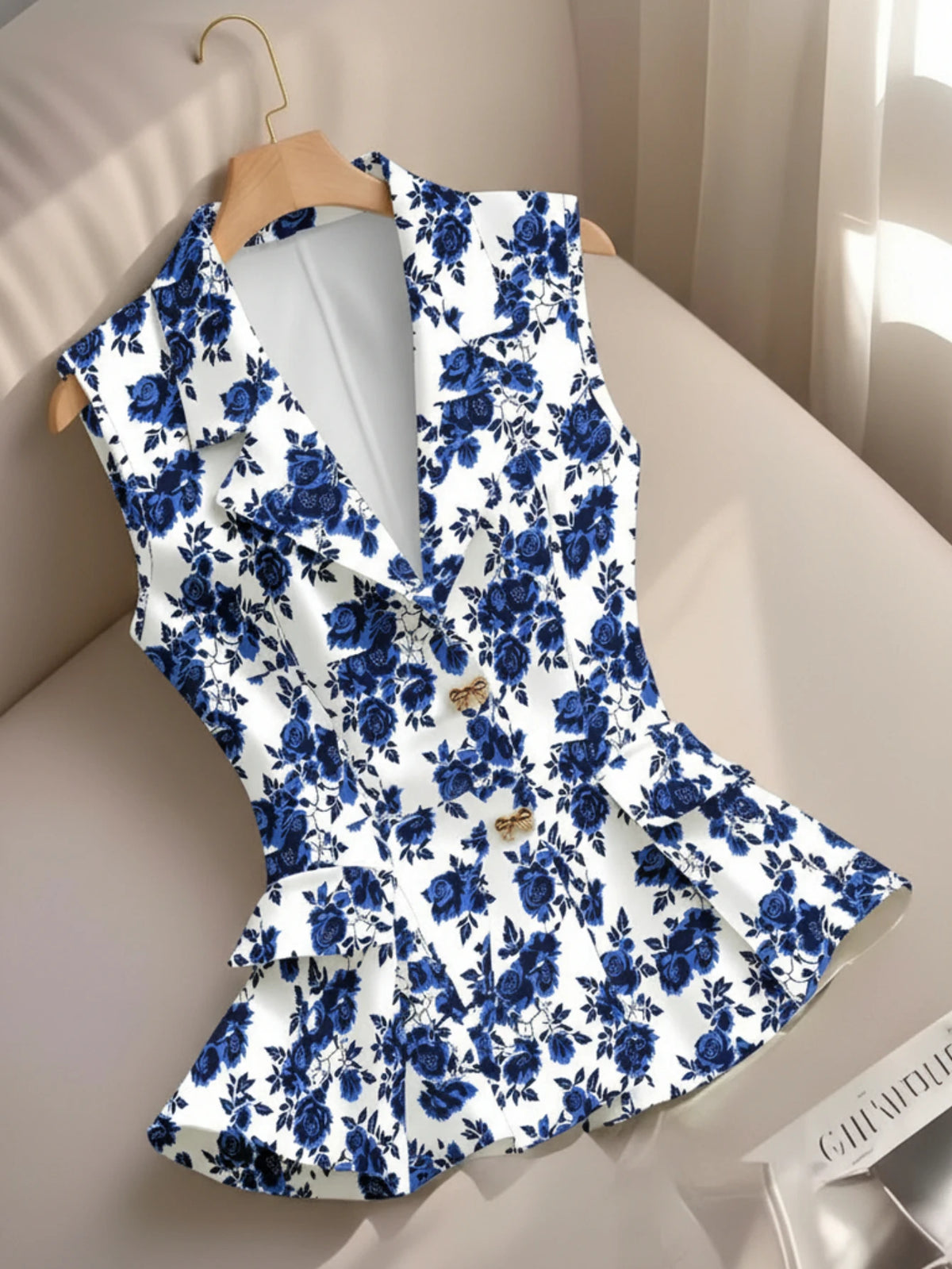 Women Notched Lapel Sleeveless Floral Print Peplum Blazer Vest Top Casual Office Business Fashion Shirt