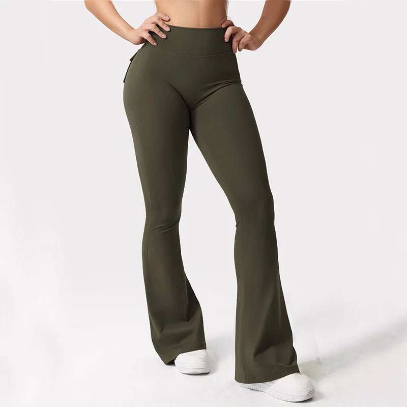 Women's Yoga Flare Trousers High Waisted Wide Leg With Pockets