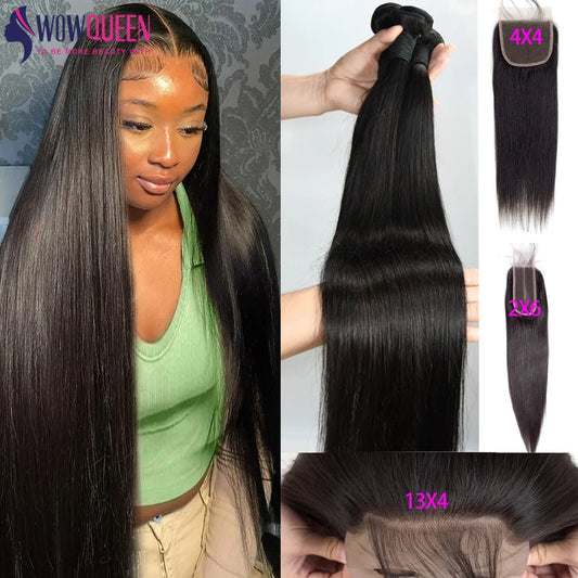 WOWQUEEN Brazilian Remy Straight Hair Bundles With Closure.