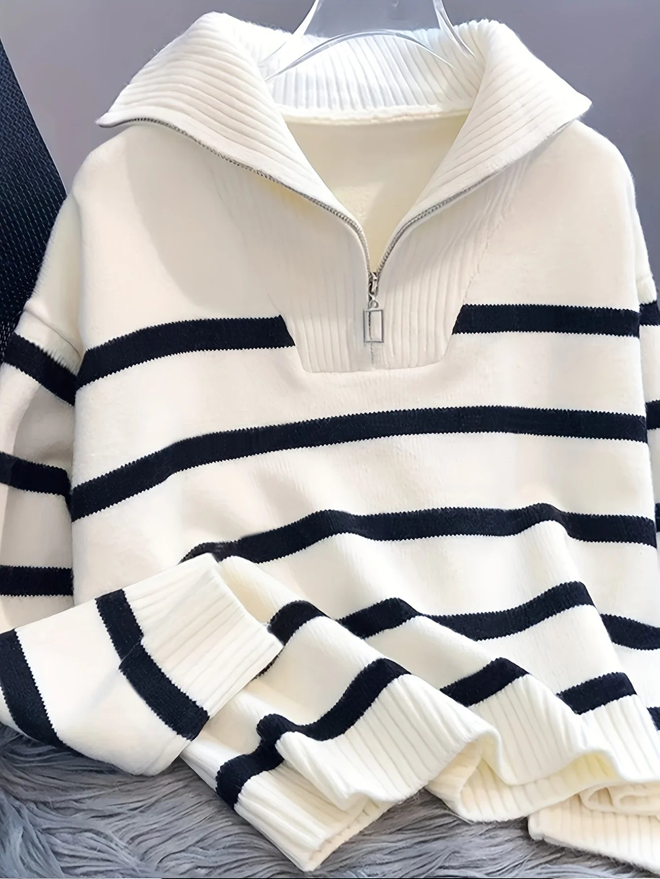 Autumn Winter Women Thick Zipper Striped Knit Pullover Top