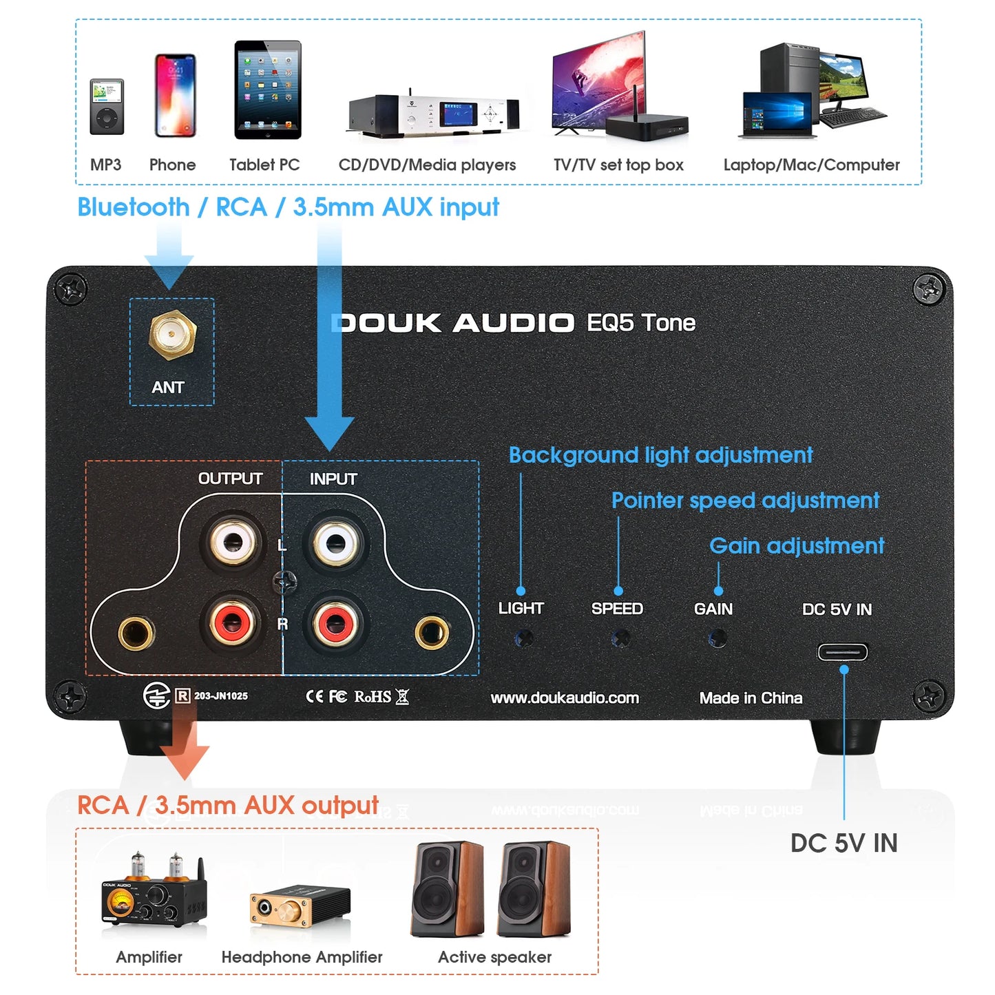 Nobsound EQ5 FiveBand EQ Preamp Bluetooth Audio Processor