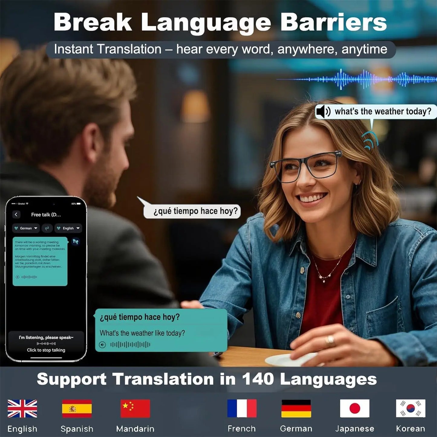 AI Translator Smart Glasses 160 Languages Translation
