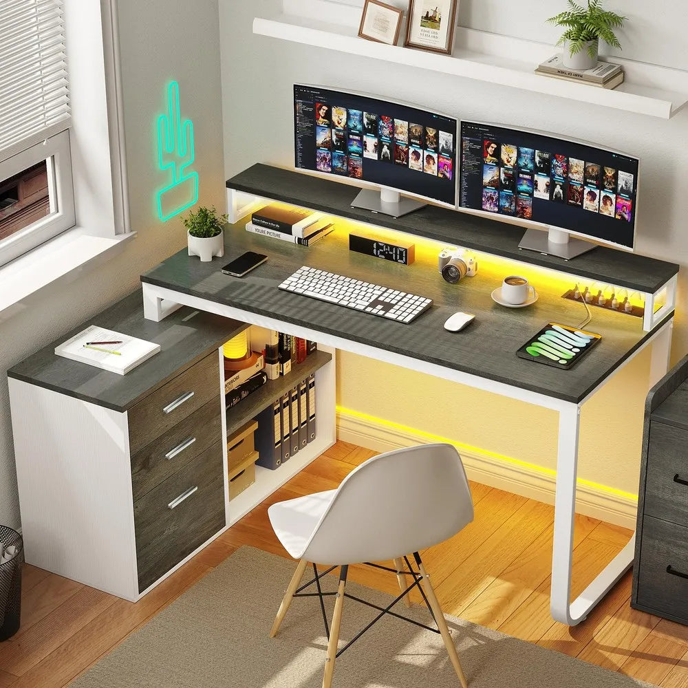 Hign Concerned L Shaped Gaming Desk With File Drawers