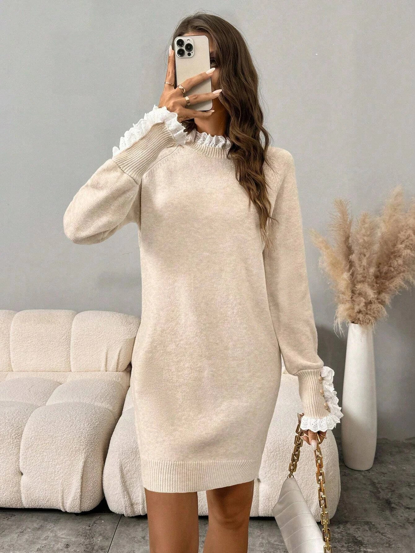 CakuloCN Lace Knit Top Sweater Women Half High Neck