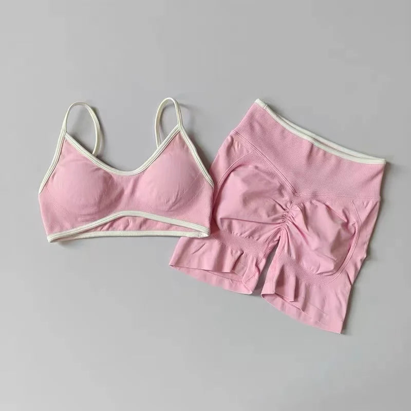 Color Blocked Bra, Seamless Tight Fitting Peach Hip Lifting Sports Shorts, Running And Fitness Pants, Women's Yoga Set