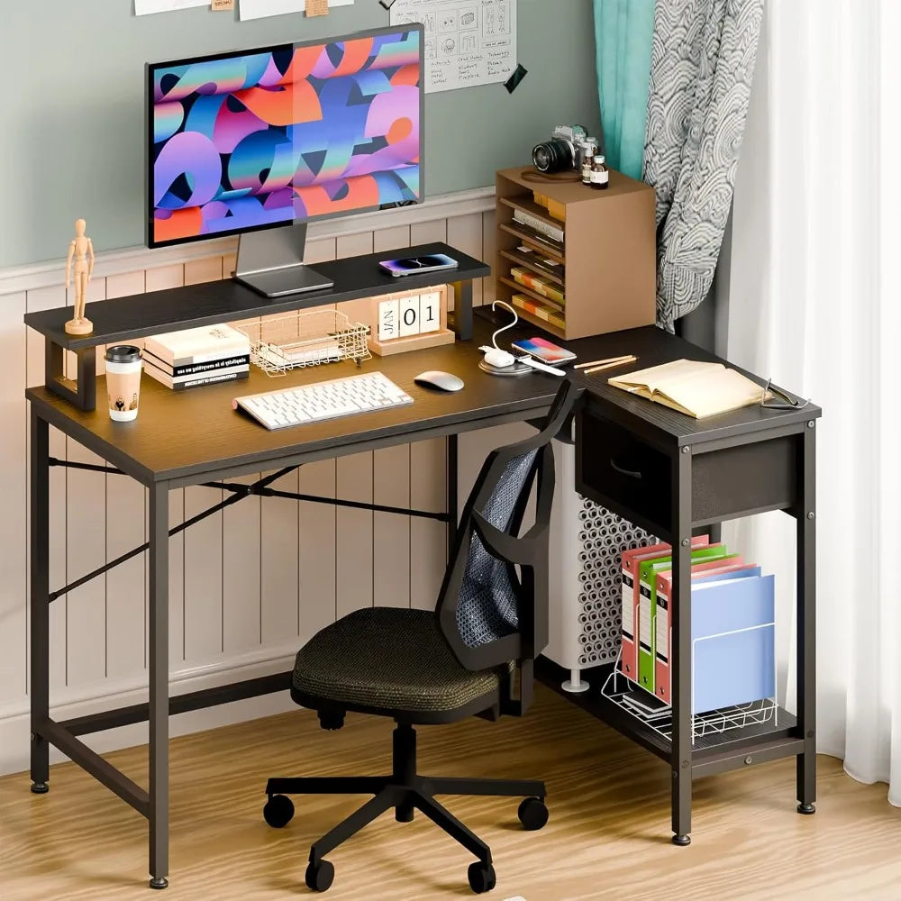 Fixwal L Shaped Gaming Desk With Power Outlets LED Lights