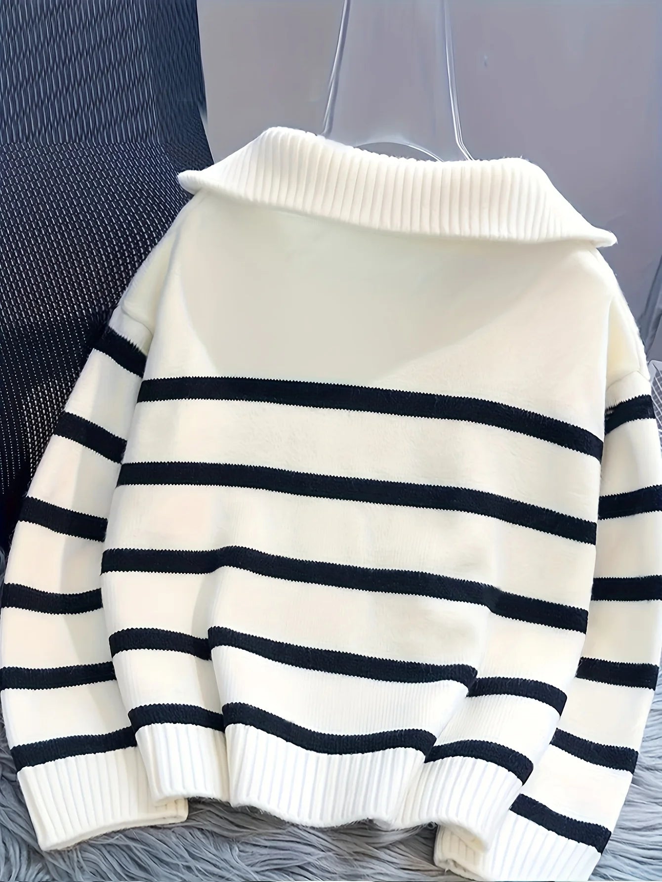 Autumn Winter Women Thick Zipper Striped Knit Pullover Top