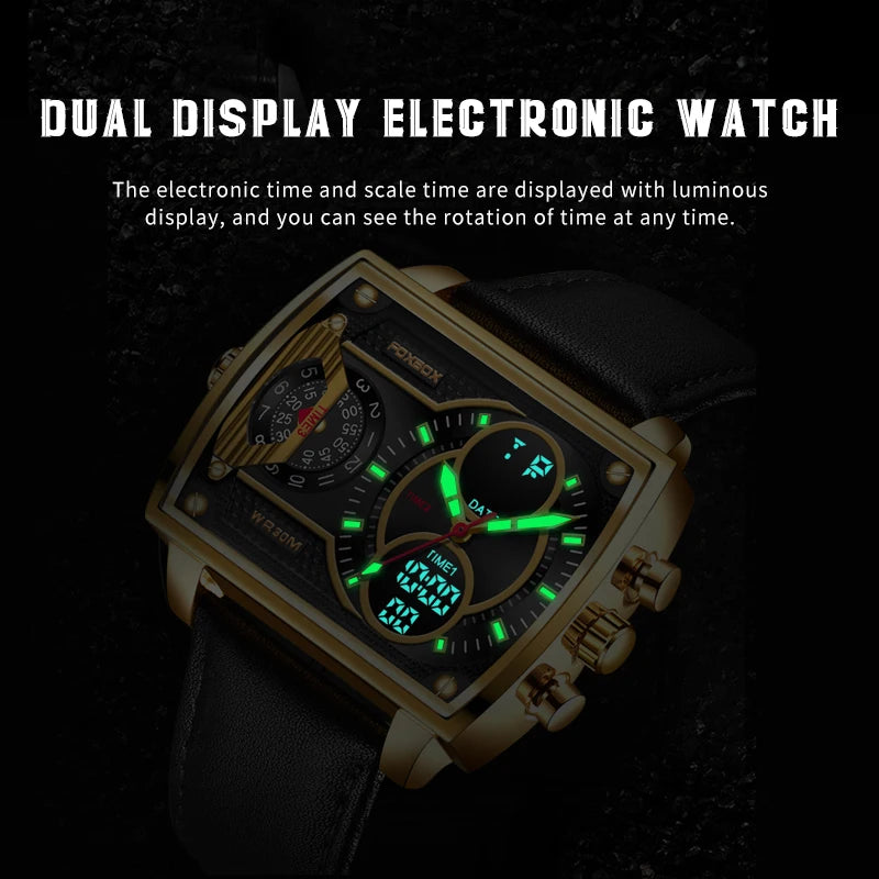 LIGE Digital Mens Square Military Waterproof Watch Leather