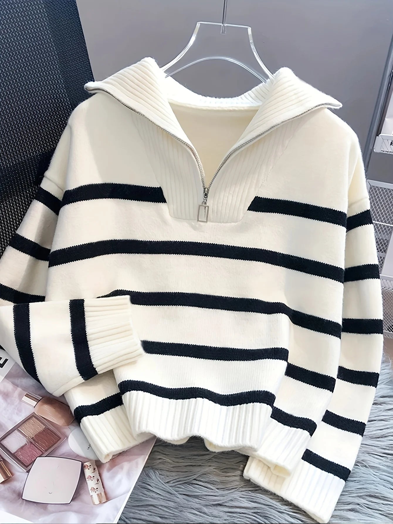Autumn Winter Women Thick Zipper Striped Knit Pullover Top