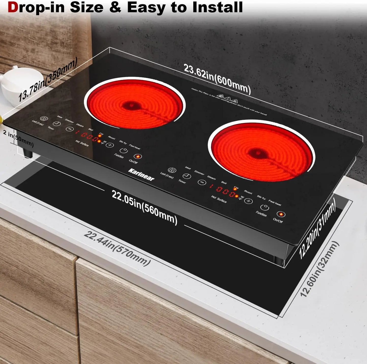 Karinear Two Burner Ceramic Electric Cooktop With Outlet Plug