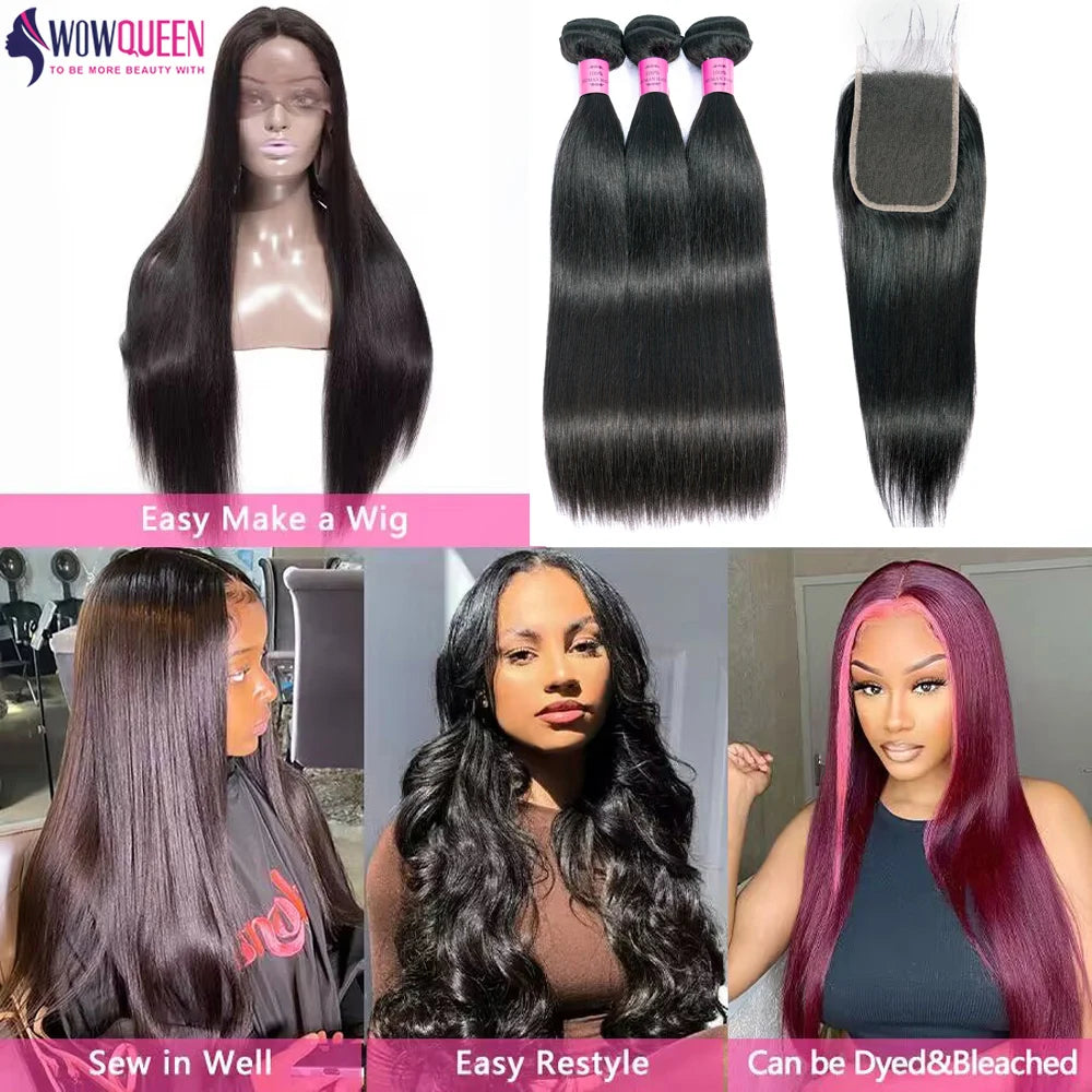WOWQUEEN Brazilian Remy Straight Hair Bundles With Closure.