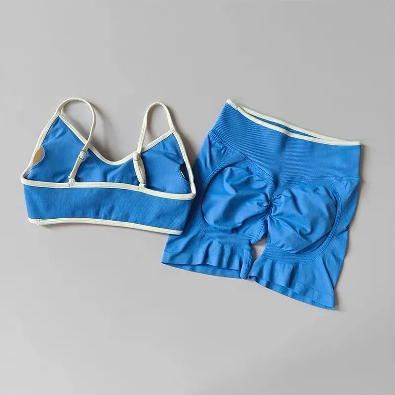 Color Blocked Bra, Seamless Tight Fitting Peach Hip Lifting Sports Shorts, Running And Fitness Pants, Women's Yoga Set